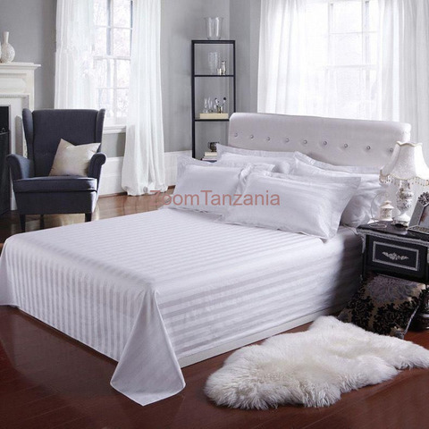 *Quality white strip bedsheet size 7*8 2bedsheet, 4pillowcase. - 2/4