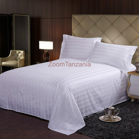 *Quality white strip bedsheet size 7*8 2bedsheet, 4pillowcase. - 3/4