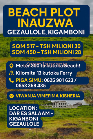 BEACH PLOT FOR SALE SQM 517 MILION 30.KIGAMBONI GEZAULOLE