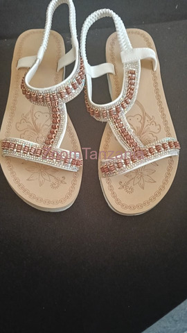 Ladies White Sandals with Stretchy Ankle Strap - 3/4