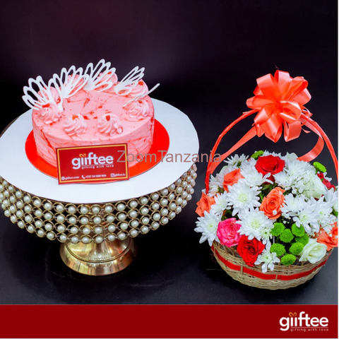 Sweet Blossoms Gift Set – Cake, Flowers & Card Combo